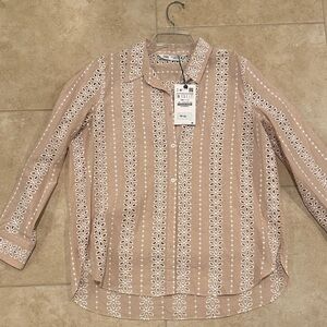 NWT Zara Beige and White Embroidered Blouse